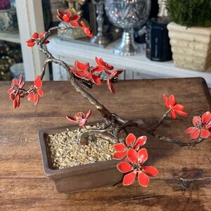 Vintage Bovano Red Enamel antique copper Flowering Bonsai tree Sculpture